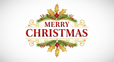 Obraz premium Elegant merry christmas greeting with gold ornaments and holly