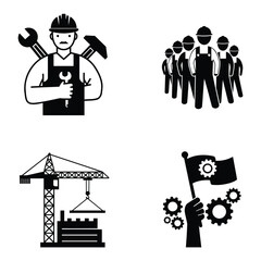 Construction and labor icons featuring builders crane flag and mechanical engineering elements representing industry workforce and engineering concepts