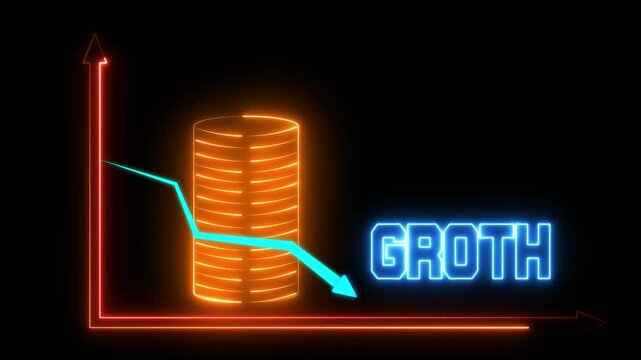 Neon glowing downtrend icon animation, financial loss concept, animated coins symbolizing decline, downward statistical curve with loss sign, financial business downturn chart.