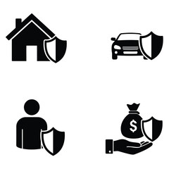 Icons representing property insurance car insurance personal protection and financial security with a shield symbol for protection