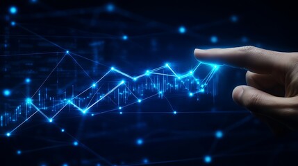 Digital Growth Chart with Hand Touch: Abstract Data Visualization and Connection in Blue Technology
