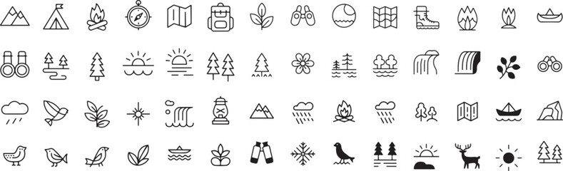 Mountains tent campfire compass map backpack leaves binoculars