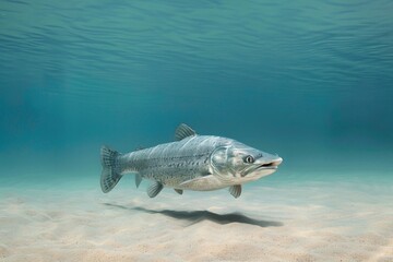 Underwater image of a silver fish gliding gracefully over sandy seabed.