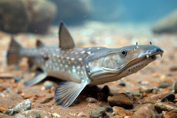 A striking freshwater fish with a speckled body gracefully gliding over a gravelly riverbed.