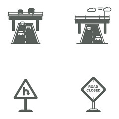 Monochrome highway and road sign icons representing traffic and road safety with bridges and warning symbols