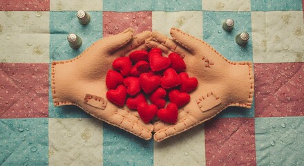 Caring Hands Holding Red Hearts: A pair of delicate fabric hands cradle a cluster of vibrant red hearts on a vintage, patchwork quilt, symbolizing love, care, and compassion.