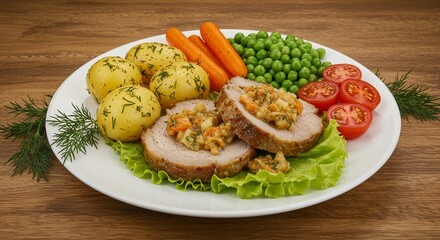 Sliced Stuffed Pork Loin with Potatoes Peas Carrots and Tomatoes on a White Plate