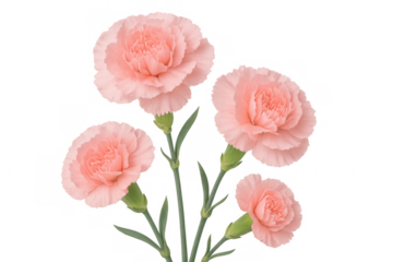Four delicate pink carnation flowers blooming gracefully on transparent background, perfect for design projects