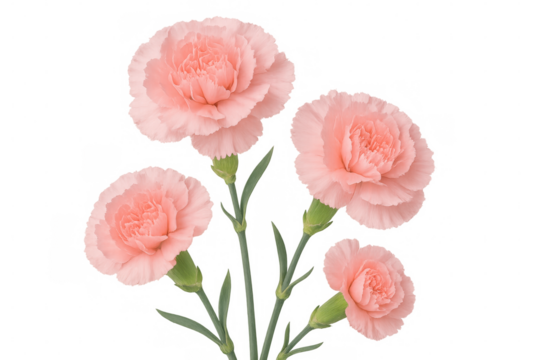 Four delicate pink carnation flowers blooming gracefully on transparent background, perfect for design projects - Powered by Adobe