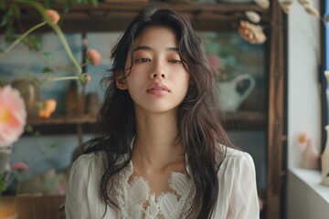 A young Asian woman with long hair gazes serenely, surrounded by soft natural light and floral decor.