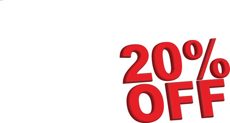 Bold red 3d text 20 off isolated on white background