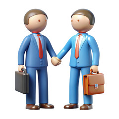Two cartoon businessmen in blue suits shaking hands and holding briefcases isolated on transparent background
