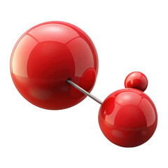 Three shiny red spheres connected by a metallic rod representing a molecular structure isolated on transparent background