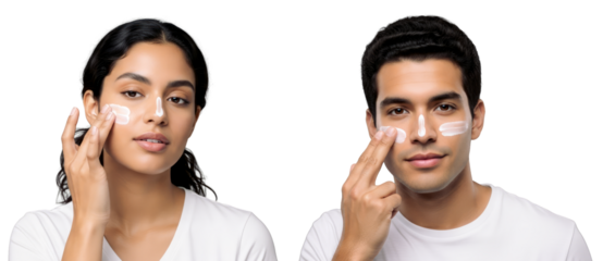 Young Latin American man and woman Applying sunscreen on their face