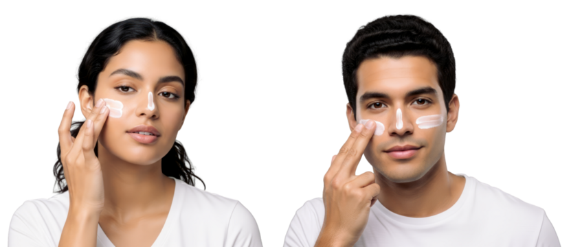 Young Latin American man and woman Applying sunscreen on their face