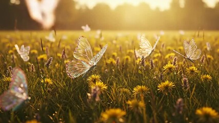 Butterflies Fluttering Over a Sunlit Flower Field