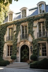 Fototapeta premium The enchanting mansion, adorned with charming ivy, gracefully stands amidst the tranquility of a picturesque neighborhood, enveloped by vibrant greenery on a beautiful sunny day