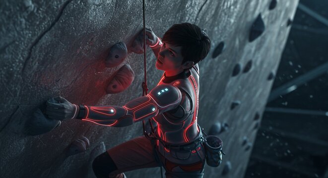 Futuristic climber ascends textured wall