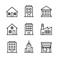 Urban buildings icon collection. Outline symbols. Line design