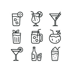 Tropical drinks and cocktail icons. Outline symbols. Line design