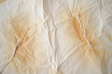 Close up of crumpled white paper with brown stains and textured folds
