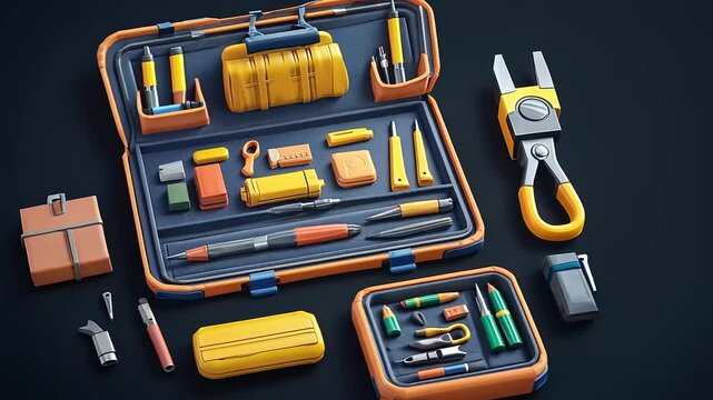 Colorful toolkit with various tools and stationery items arranged neatly on a dark background