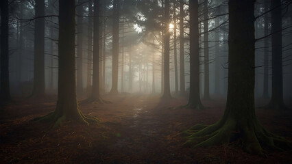 Fototapeta premium Misty morning sunlight filters through ancient trees, illuminating a serene forest path