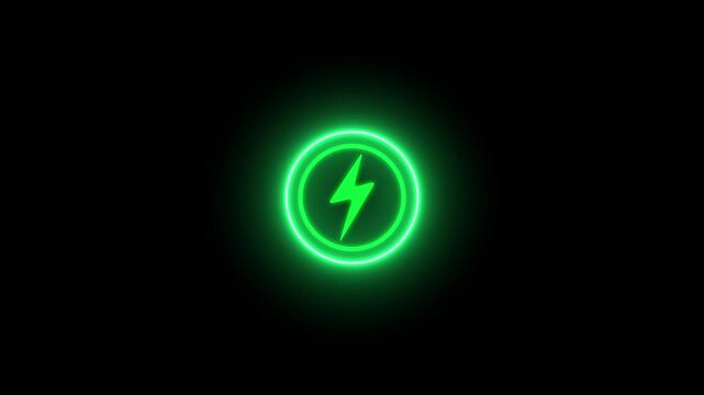 Neon glowing battery charging icon animation with neon circle. Neon power button icon color glowing colorful animation in black background, 4k vieo.