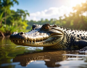 Obraz premium Close-up of a caiman in a jungle river
