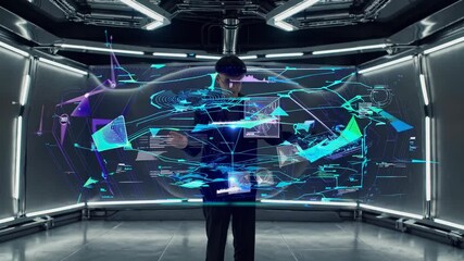 Futuristic video concept with a low-angle view of a holographic interface in a sleek, high-tech room, showcasing digital data and neon lights. - Powered by Adobe