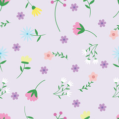 Seamless pattern with spring flowers and green leaves on soft blue backgrounds vector.