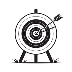 Dart arrow hit center target. Bulls eye. Pictogram isolated on white background.