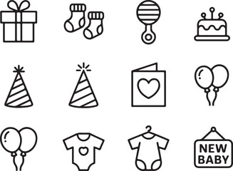 Adorable Baby Shower Icons Gifts, Cake, Balloons & More