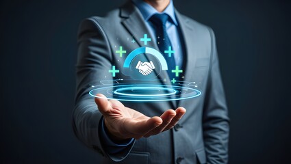 Trusted partner. Trustworthy collaboration, company or contract. Confidence to work together. Businessman turning knob to highest trust levels. Build trust in business and finance relationships. 