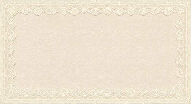 Elegant lace border with vintage pattern on a textured beige background. Detailed decorative frame for wedding invitation, for scrapbooking and collages