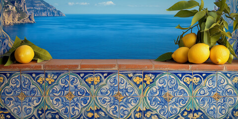 Amalfi Lemon Seascape: Stunning Amalfi Coast view with lemon tree & blue Mediterranean tiles. Perfect for travel, design, or summer-themed projects. Coastal Italy paradise.
