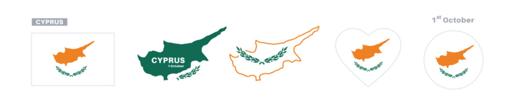 cyprus flag and map set. cyprus flag in official colors and proportions. independence day 1 october, map, circle and heart shaped cyprus 