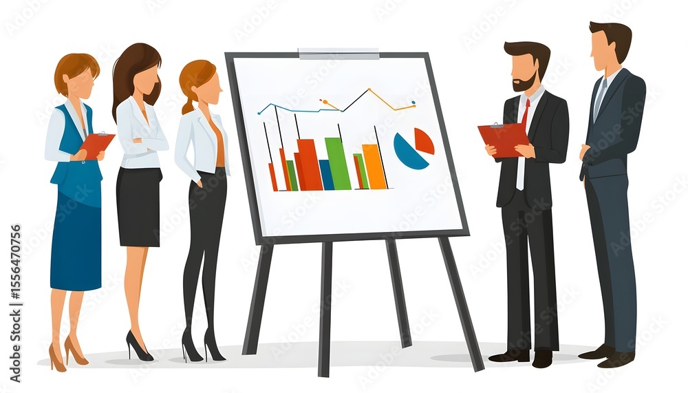 Poster a group of professionals analyzing data during a business presentation. charts and graphs displayed 
