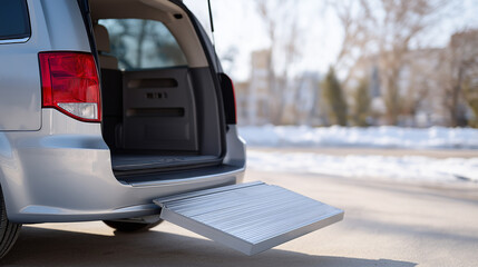 Silver minivan with an open rear hatch and a retractable ramp, showcasing accessibility features for individuals with mobility challenges in a snowy outdoor setting