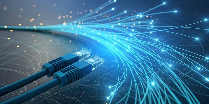 High-Speed Fiber Optic Network RJ45 Connectors and Data Stream, Fiber Optics, Connectivity Fiber internet, network cable