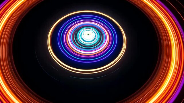 Abstract colorful circles spinning background with neon lights and futuristic vibe effect
