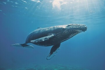 Fototapeta premium A majestic humpback whale gracefully swimming underwater in a clear blue ocean.