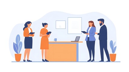 A modern office scene depicting a team discussion