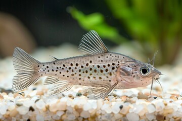 A sleek, spotted freshwater fish glides gracefully over a sandy substrate in a vibrant aquarium.