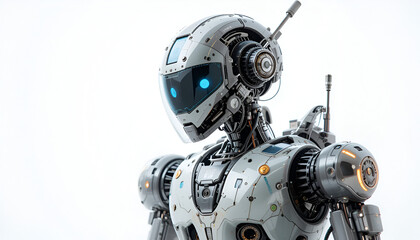 Fototapeta premium Detailed rendering displays a sleek white robot with glowing blue eyes against a bright, clean background showcasing artificial intelligence