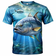 Front of a T-shirt featuring a giant trevally fish design,