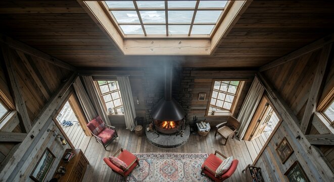 Coastal Cabins Skylight View: Rustic Interior with Fireplace and Ocean Glimpse. - Powered by Adobe