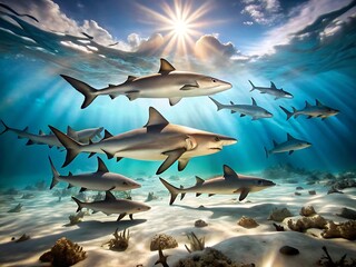Obraz premium Sharks swim together in a shallow, sunlit ocean