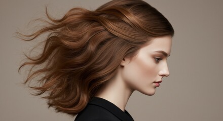 Fototapeta premium Woman with Flowing Auburn Hair in Profile on Neutral Background