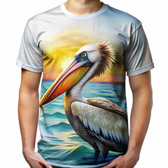 Front of a T-shirt featuring a pelican design, blending